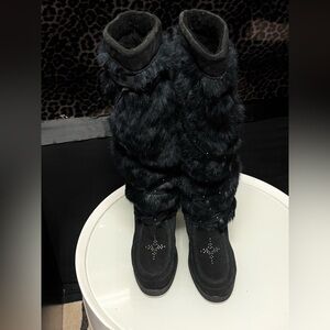 Manitobah Tall Wrap Mukluk boot black suede and rabbit fur sheepskin shearling